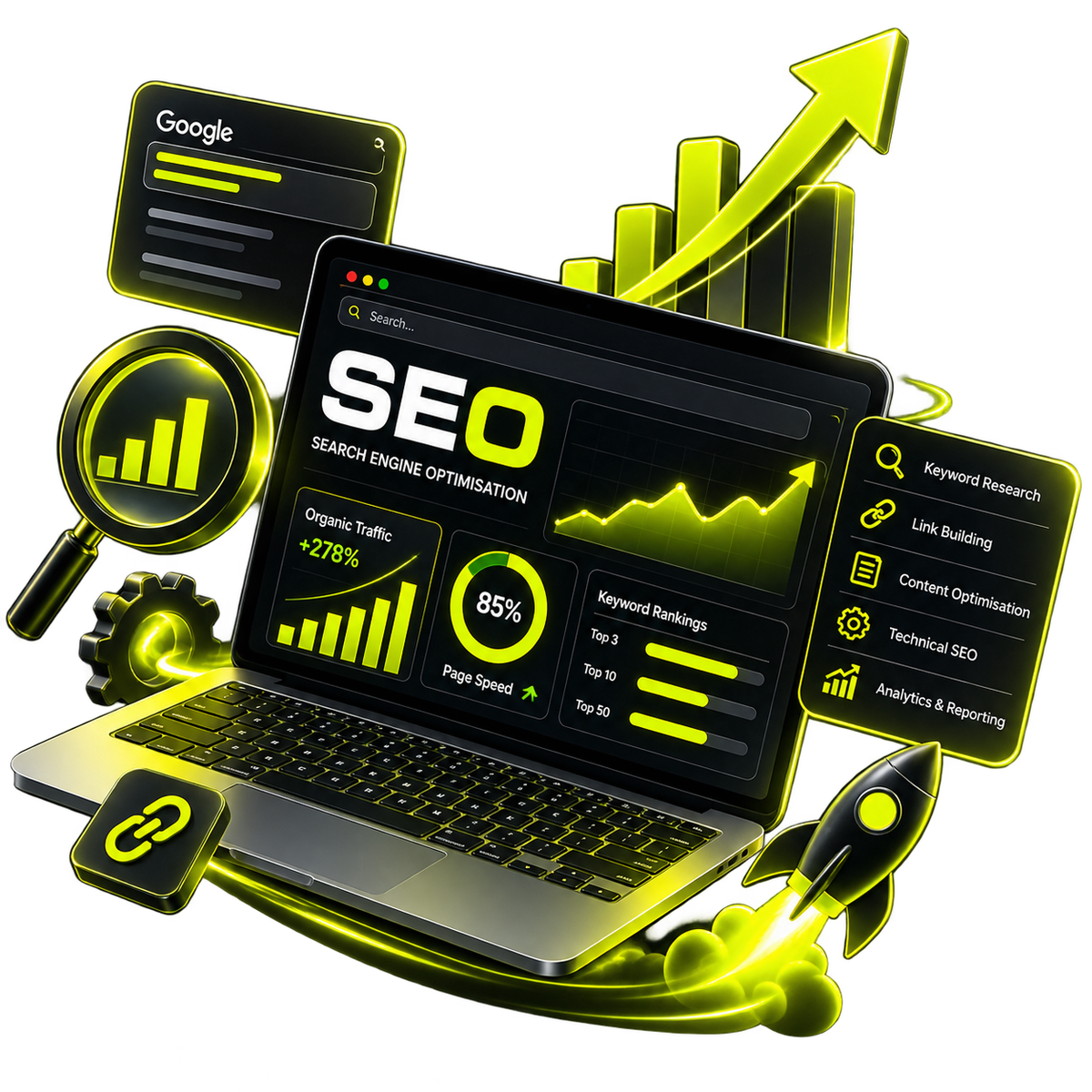 Batemans Media Digital illustration of an SEO (Search Engine Optimisation) dashboard on a laptop screen, surrounded by glowing yellow charts, a rocket, gears, and a magnifying glass, with a Google search bar graphic in the background.